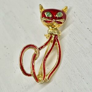 Vintage Red and Gold Cat Costume Jewelry Brooch With Green Stone Eyes